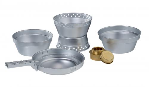 Koch Set aus Aluminium 7 Teilig Spirituskocher inkl. Packgurt