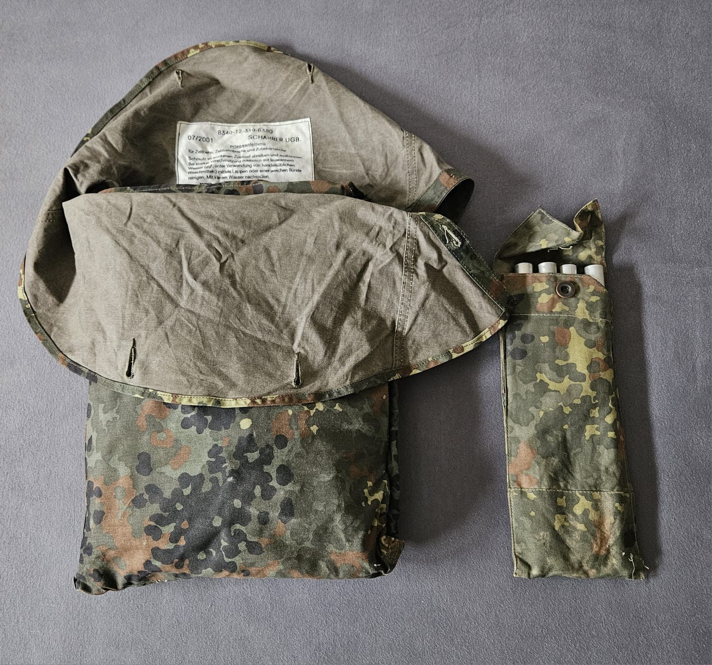 Original Bundeswehr Zeltbahn Flecktarn Zelt mit Gestänge und Tasche